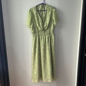 Green Ruched Midi Dress with Puff Sleeves